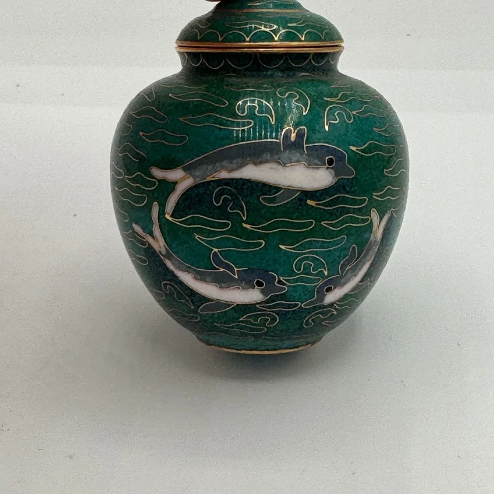 Vintage Cloisonne Ginger Jar Green Dolphin Enamel Lidded Urn Nautical Decor 3.5